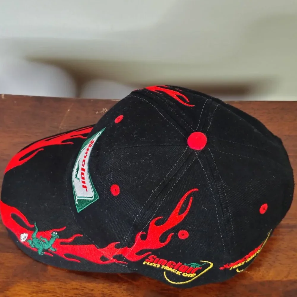 Sinclair Hat Cap Strap Back Black Red Dino Flame Racing Mens - Picture 5 of 12